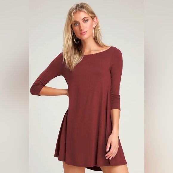In Full Swing Wine Red Three-Quarter Sleeve Swing Dress - Picture 1 of 8
